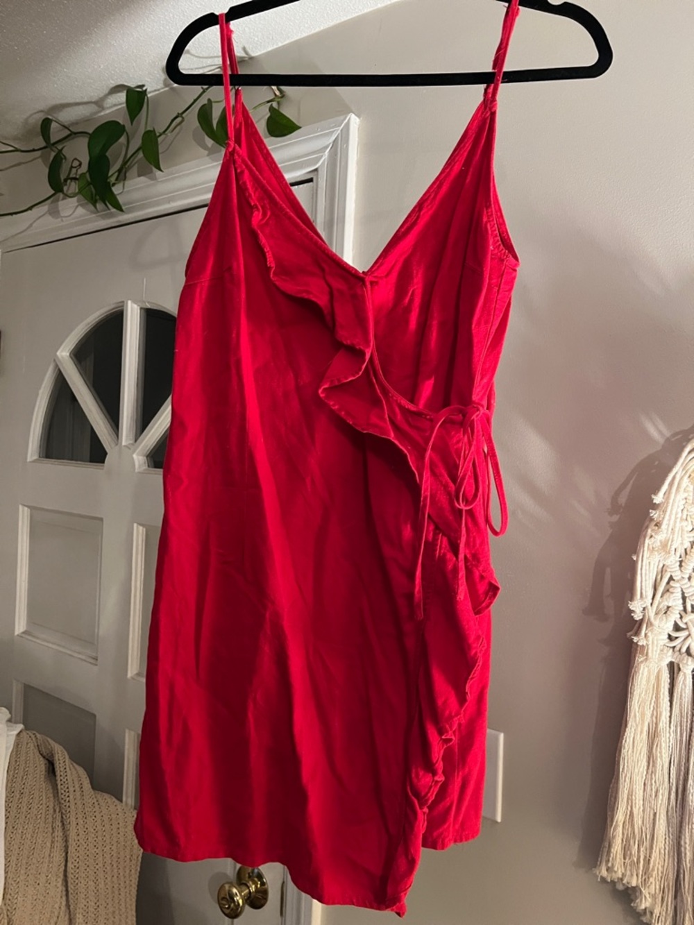 La Hearts Red Ruffle Wrap Mini Dress